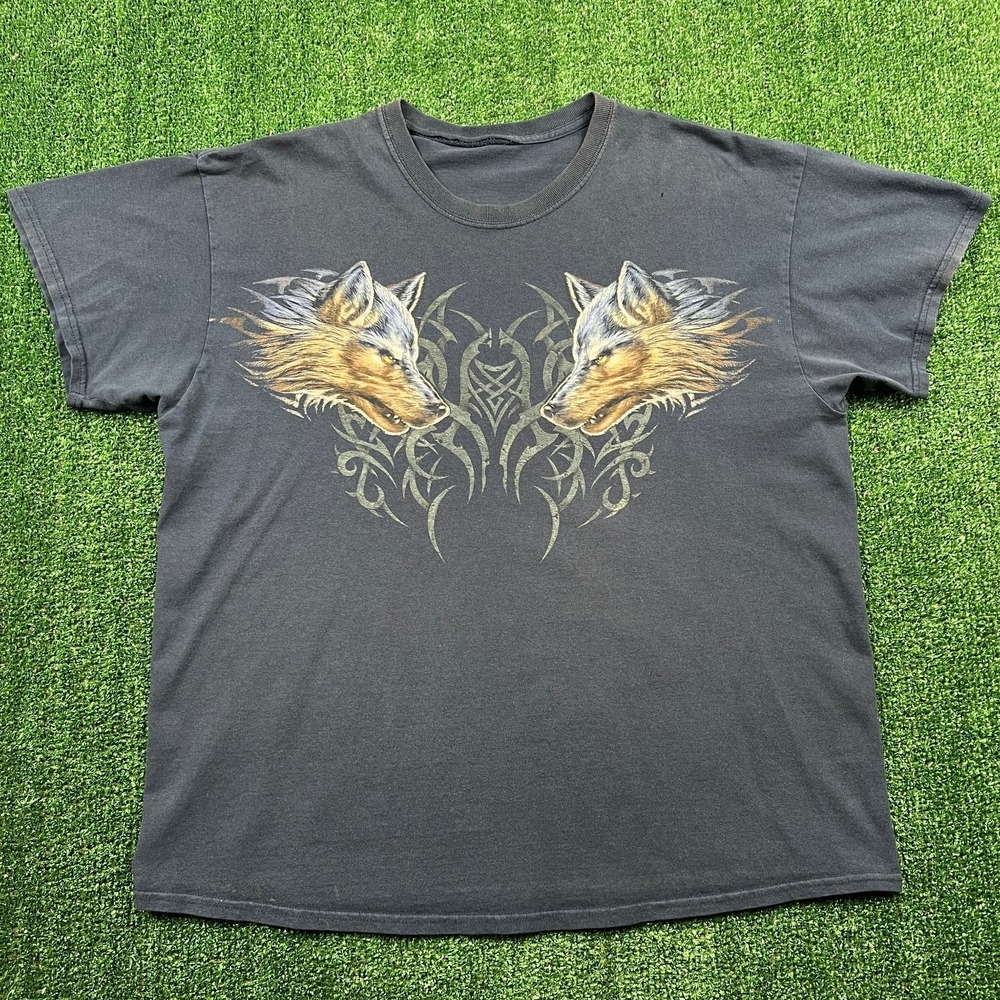 VTG Men's T-Shirt XL Faded Navy Wolf Graphic Tribal Animal Nature Cotton Y2K